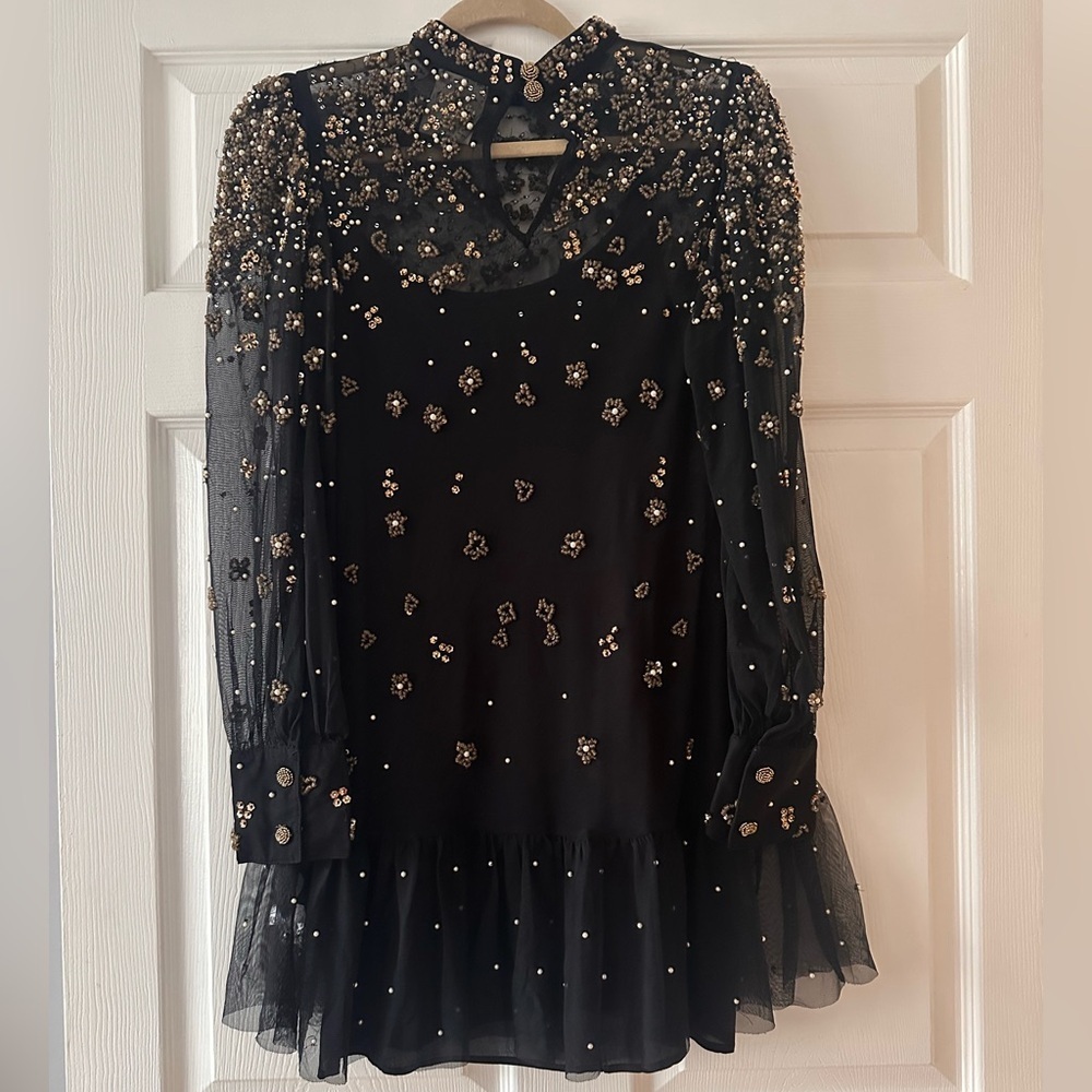 Farm Rio Black/Gold Embroidered Tulle Overlay Minidress - Picture 5 of 6